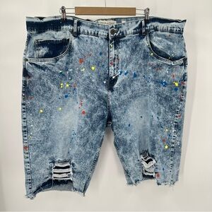EVOLUTION IN DESIGN Shorts Mens 48 Blue Jean Distressed Denim Paint Splatter Rip